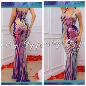 RANDOM PRINT, HALTER, SEQUINED MERMAID MAXI